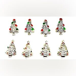 Silver Red Green Rhinestone Enamel Christmas Tree 2 Hole Slider Beads Lot of 8